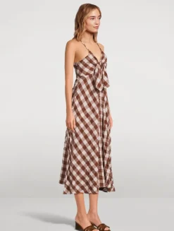Via Tie-Front Midi Dress In Gingham Print