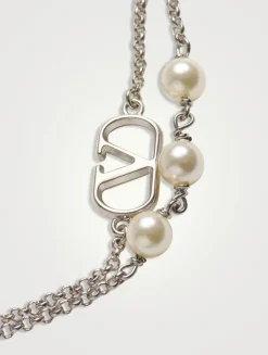 VLogo And Faux Pearl Double-Chain Bracelet