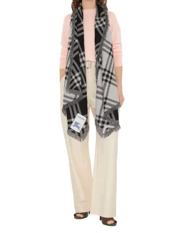 Wide Check Wool Silk Scarf