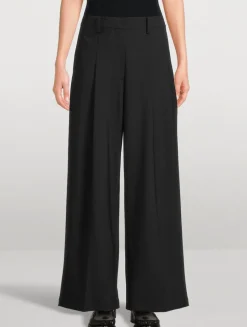 Wide-Leg Pleated Stretch Wool Trouser Pants