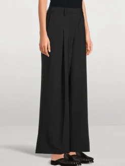 Wide-Leg Pleated Stretch Wool Trouser Pants