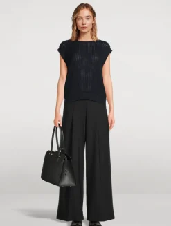 Wide-Leg Pleated Stretch Wool Trouser Pants