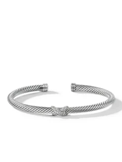 X Classic Cable Station Bracelet In Sterling Silver With Diamonds, 4mm