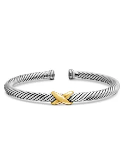 X Classic Cable Station Bracelet In Sterling Silver With 14k Yellow Gold, 5mm