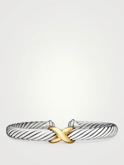 X Classic Cable Station Bracelet In Sterling Silver With 14k Yellow Gold, 7mm