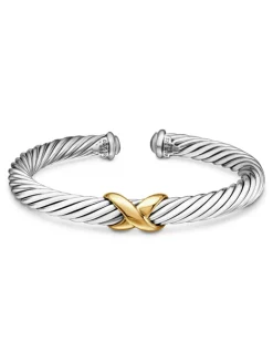 X Classic Cable Station Bracelet In Sterling Silver With 14k Yellow Gold, 7mm