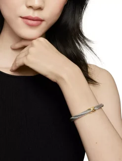 X Classic Cable Station Bracelet In Sterling Silver With 14k Yellow Gold, 7mm