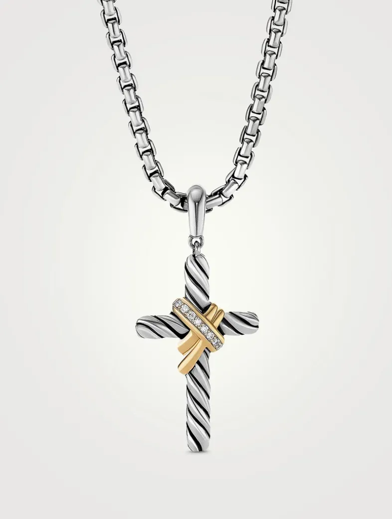 X Cross Pendant In Sterling Silver With 18k Yellow Gold And Pavé Diamonds