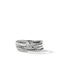 X Crossover Band Ring In Sterling Silver With Pavé Diamonds