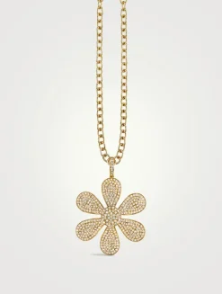 XL 14K Gold Daisy Pendant Necklace With Pavé Diamonds