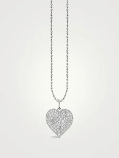 XL 14K White Gold Heart Pendant Necklace With Pavé Diamonds