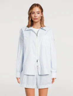 Zip-Front Shirt In Stripe Print